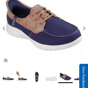 Skechers Women Navy and Tan Slip-On Boat Shoe with Lace Detail